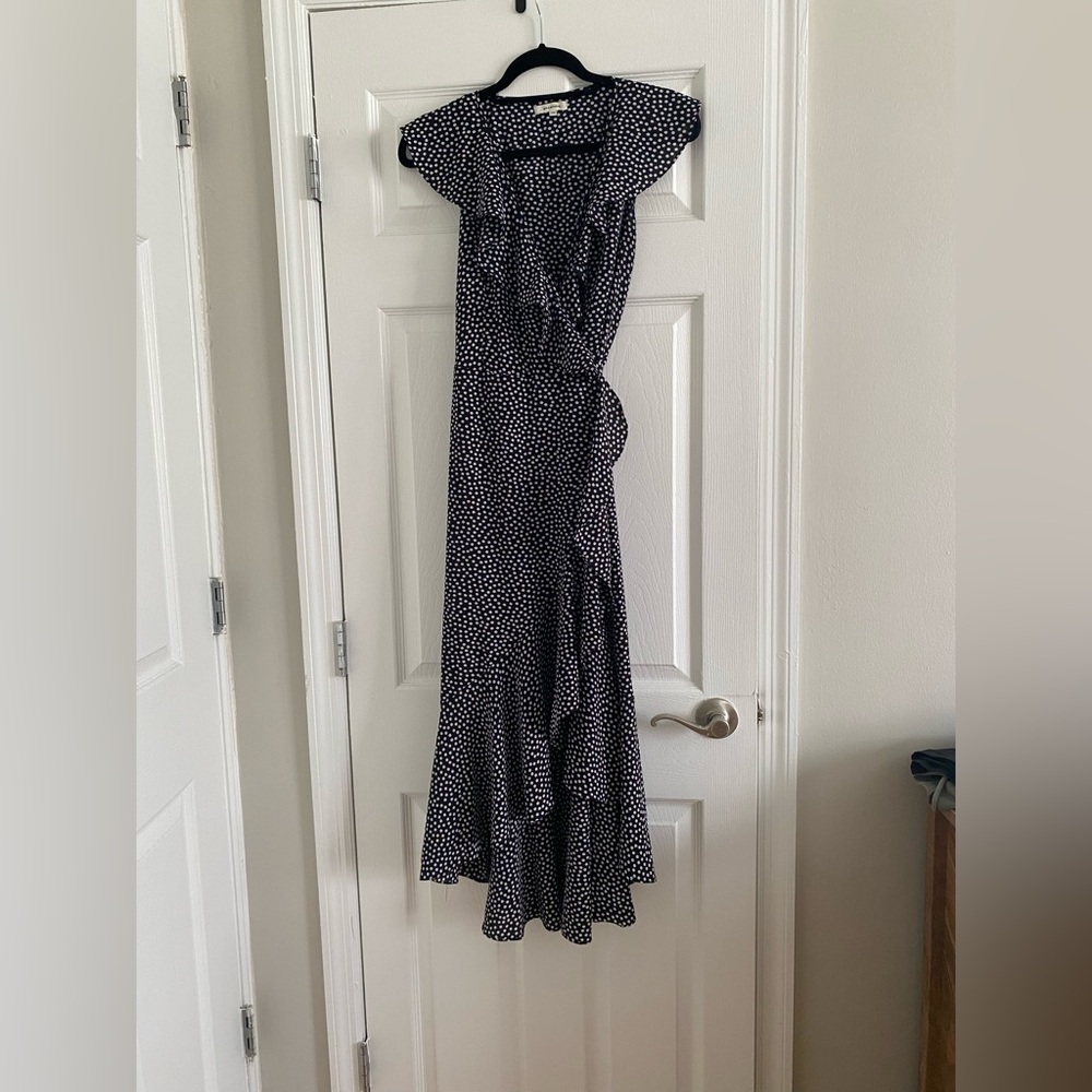 Max Studio || Polka Dot Asymmetrical Ruffled Wrap Dress